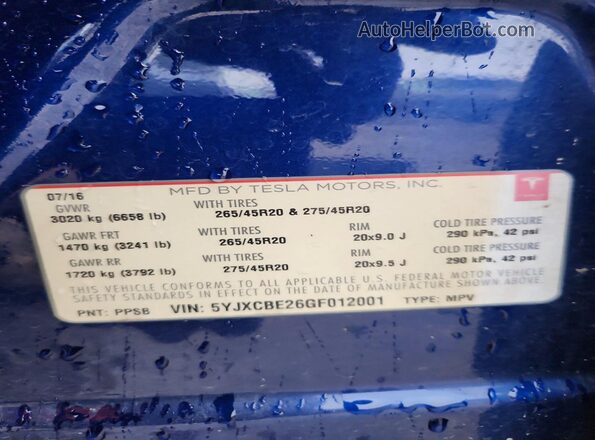 5YJXCBE26GF012001 2016 TESLA MODEL Синий Вид наклейки с VIN-кодом
