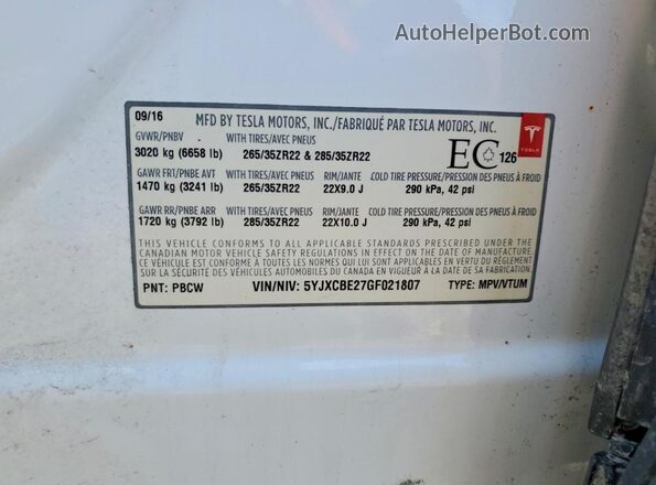 5YJXCBE27GF021807 2016 TESLA MODEL Белый Вид наклейки с VIN-кодом