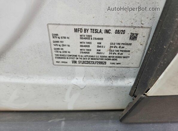 5YJXCDE23LF299528 2020 TESLA MODEL White Widok wnętrza 360 stopni