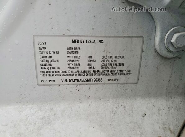 5YJYGAEE5MF196386 2021 TESLA MODEL White Vista de la etiqueta del VIN