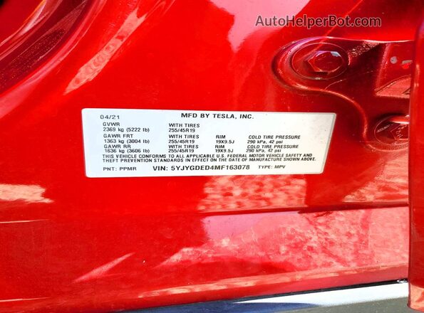 5YJYGDED4MF163078 2021 TESLA MODEL Red VIN sticker view
