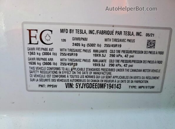 5YJYGDEE0MF194143 2021 TESLA MODEL Белый Панорамный вид салона 360°