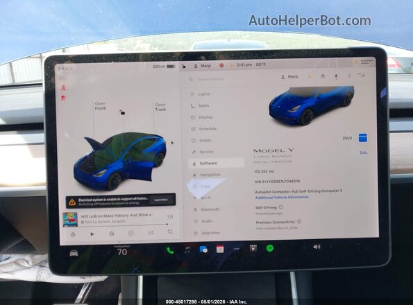 5YJYGDEE1LF046016 2020 TESLA MODEL Y Blue Вид задніх сидінь