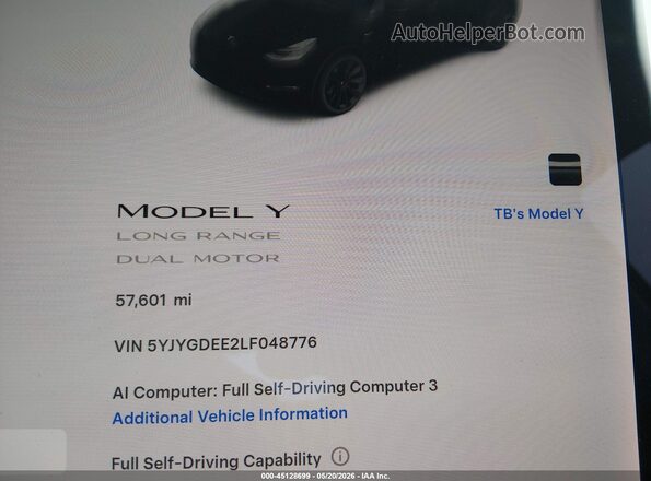5YJYGDEE2LF048776 2020 TESLA MODEL Y Black Widok tylnych siedzeń