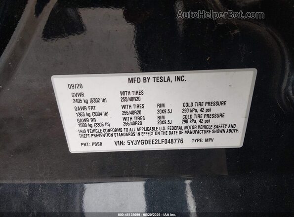 5YJYGDEE2LF048776 2020 TESLA MODEL Y Black Widok komory silnika