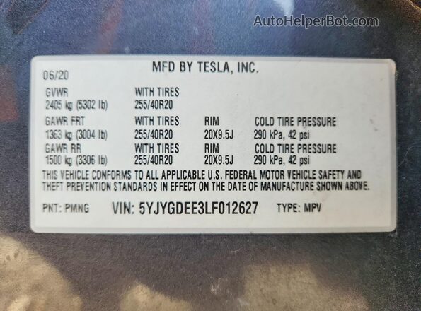 5YJYGDEE3LF012627 2020 TESLA MODEL Серый Вид наклейки с VIN-кодом
