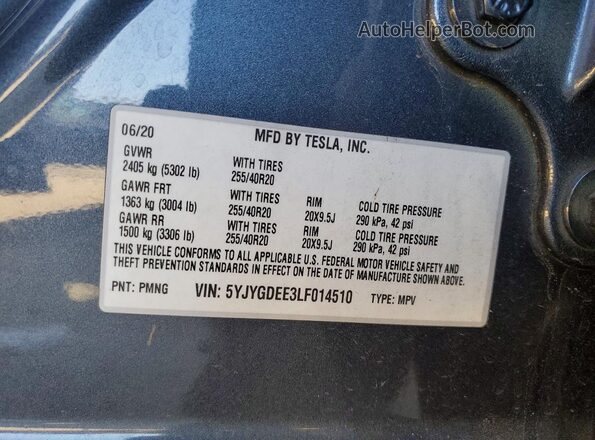 5YJYGDEE3LF014510 2020 TESLA MODEL Gray Вид підкапотного простору