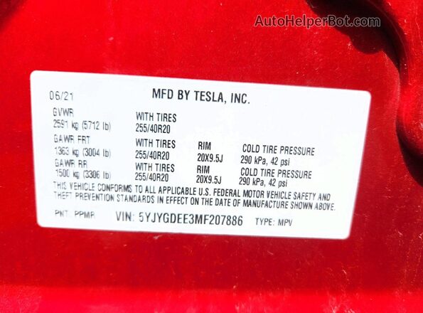 5YJYGDEE3MF207886 2021 TESLA MODEL Red Vista del compartimento del motor