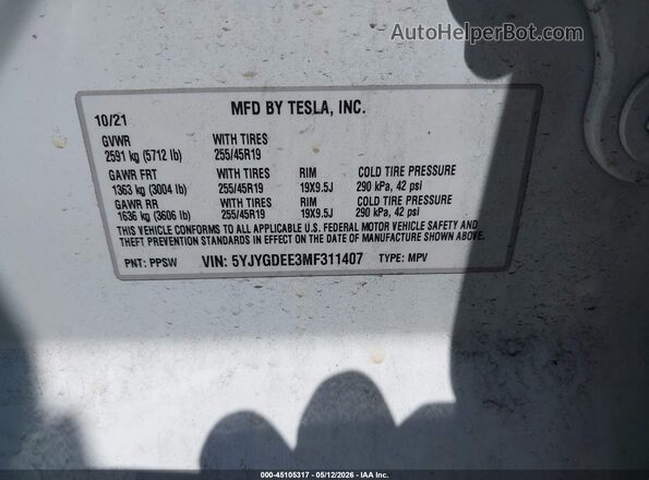 5YJYGDEE3MF311407 2021 TESLA MODEL Y White Вид підкапотного простору