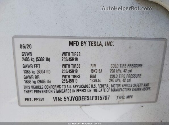 5YJYGDEE5LF015707 2020 TESLA MODEL Y White Widok komory silnika