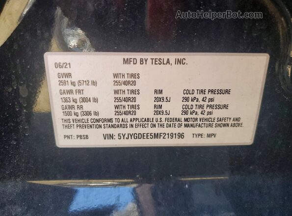 5YJYGDEE5MF219196 2021 TESLA MODEL Black VIN კოდის სტიკერის ხედი