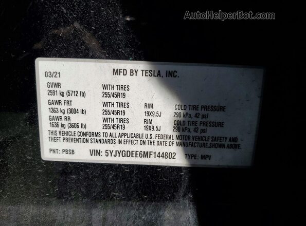 5YJYGDEE6MF144802 2021 TESLA MODEL Black Widok naklejki z numerem VIN