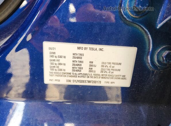 5YJYGDEE7MF200178 2021 TESLA MODEL Синий Вид наклейки с VIN-кодом