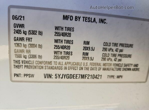 5YJYGDEE7MF210421 2021 TESLA MODEL White Панорамний вид салону 360°