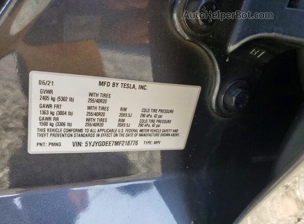 5YJYGDEE7MF218776 2021 TESLA MODEL Gray Vista de la etiqueta del VIN