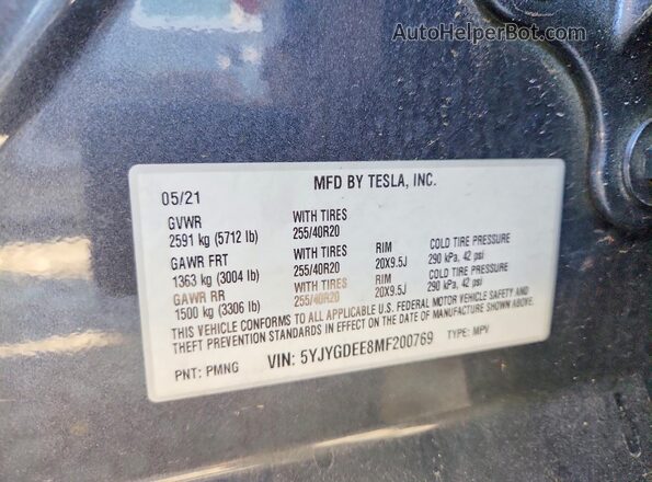 5YJYGDEE8MF200769 2021 TESLA MODEL Gray Вид наклейки з VIN-кодом