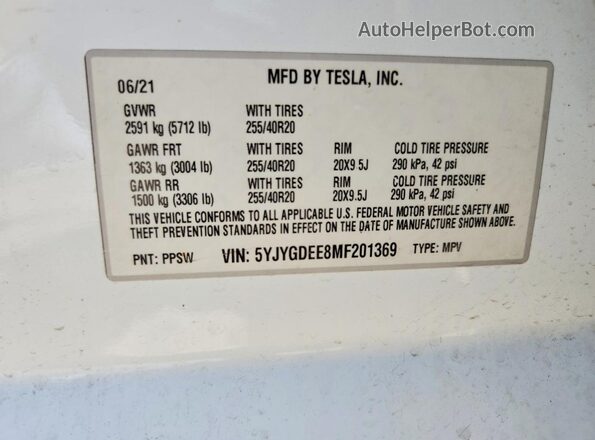 5YJYGDEE8MF201369 2021 TESLA MODEL Белый Вид наклейки с VIN-кодом