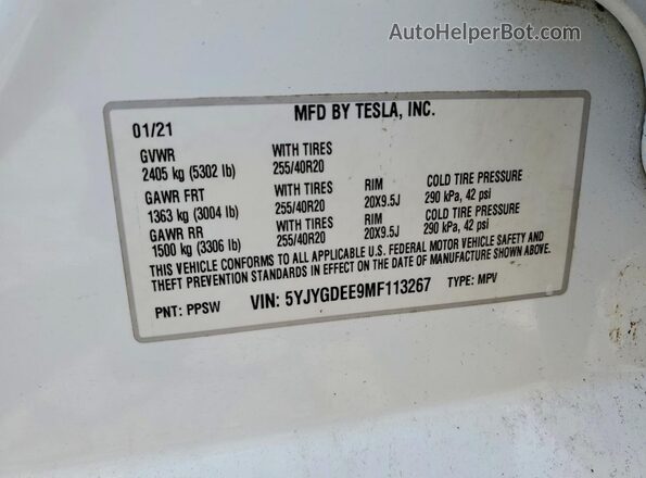 5YJYGDEE9MF113267 2021 TESLA MODEL White VIN კოდის სტიკერის ხედი