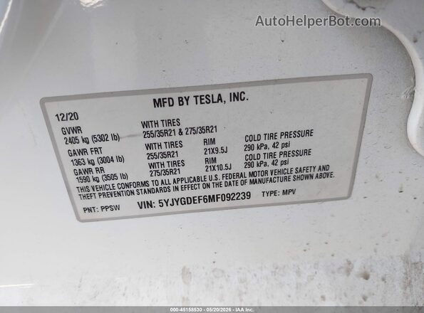 5YJYGDEF6MF092239 2021 TESLA MODEL Y White Vista del compartimento del motor