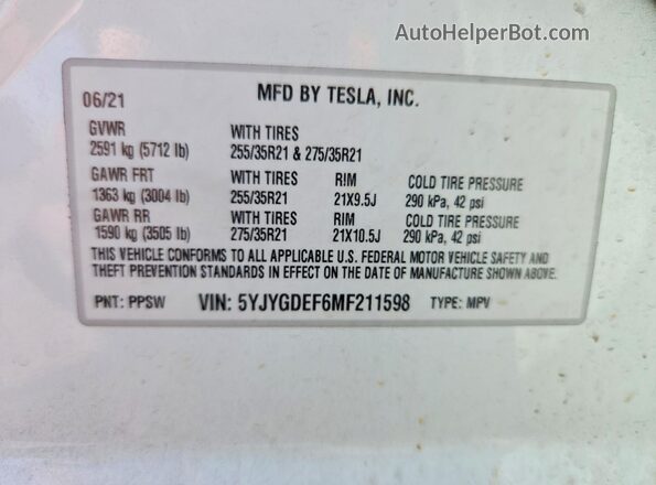 5YJYGDEF6MF211598 2021 TESLA MODEL White Vista de la etiqueta del VIN