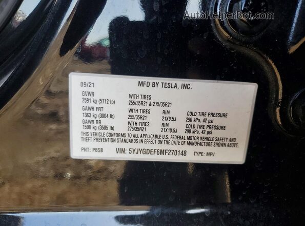 5YJYGDEF6MF270148 2021 TESLA MODEL Black Widok naklejki z numerem VIN