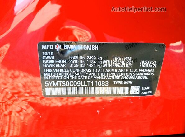 5YMTS0C09LLT11083 2020 BMW X3 Red Вид наклейки з VIN-кодом