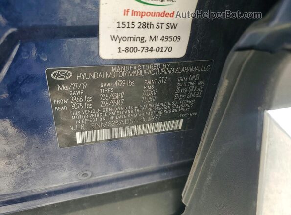 5NMS23AD5KH106937 2019 HYUNDAI SANTA Blue Vista interior de 360 grados