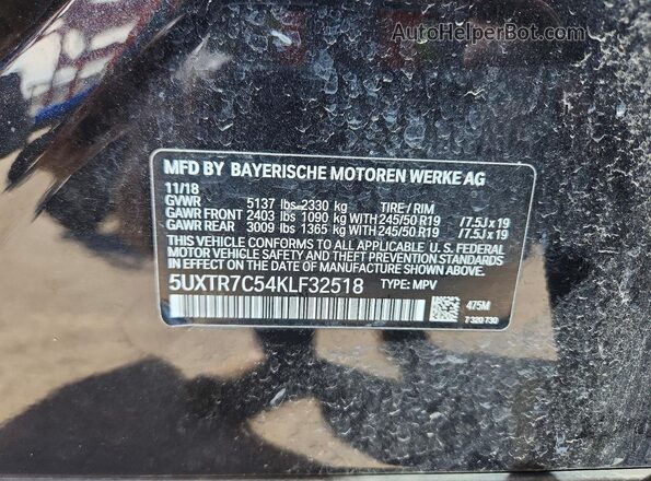 5UXTR7C54KLF32518 2019 BMW X3 Черный Вид наклейки с VIN-кодом