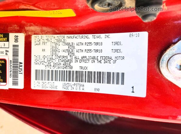 5TFEY5F16KX245780 2019 TOYOTA TUNDRA Red VIN კოდის სტიკერის ხედი