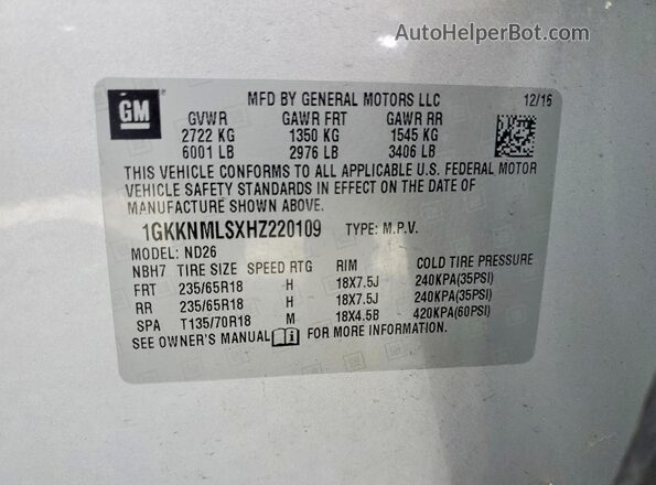 1GKKNMLSXHZ220109 2017 GMC ACADIA Серебряный Панорамный вид салона 360°