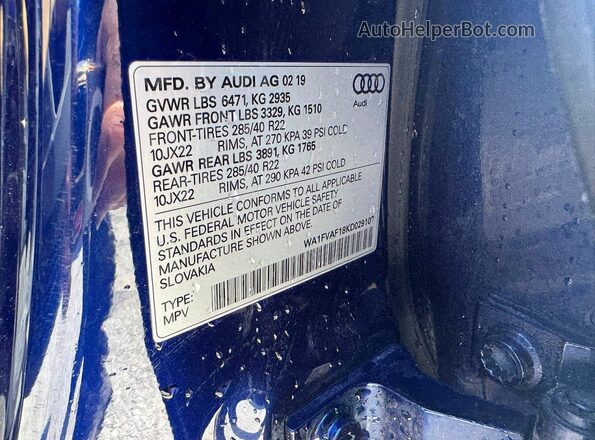 WA1FVAF18KD029107 2019 AUDI Q8 Синий Вид задней части салона