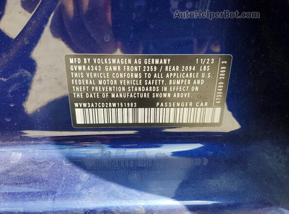 WVW3A7CD2RW151983 2024 VOLKSWAGEN GTI Синий Панорамный вид салона 360°