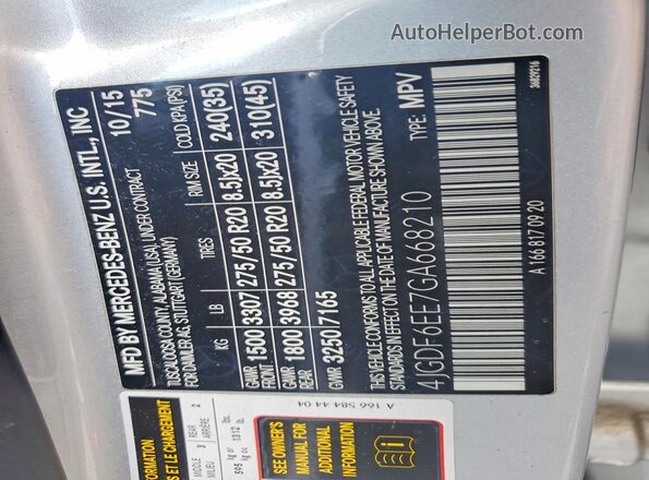 4JGDF6EE7GA668210 2016 MERCEDES-BENZ GL-CLASS Silver Vista interior de 360 grados