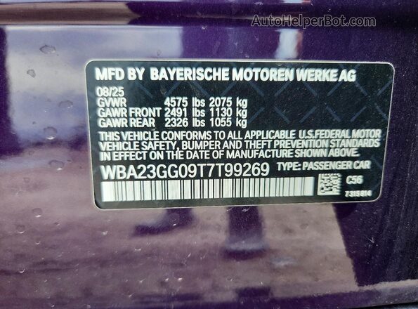 WBA23GG09T7T99269 2026 BMW 2 SERIES Purple Vista de la etiqueta del VIN