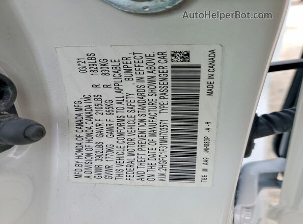 2HGFC1F31MH703571 2021 HONDA CIVIC White VIN կոդի պիտակի տեսք