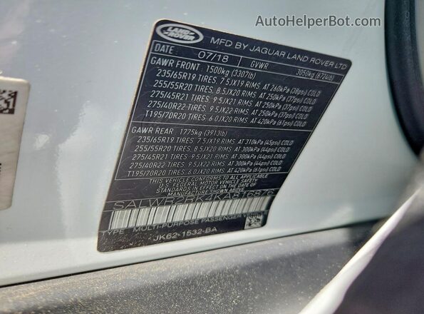 SALWR2RK4KA816876 2019 LAND ROVER RANGE Белый Вид наклейки с VIN-кодом