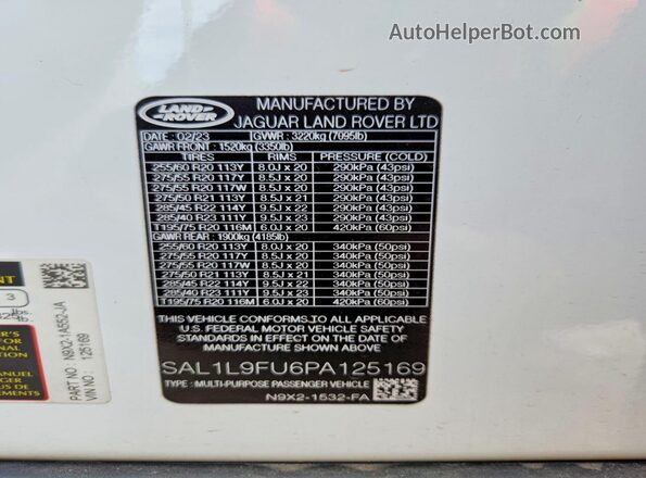 SAL1L9FU6PA125169 2023 LAND ROVER RANGE Белый Панорамный вид салона 360°