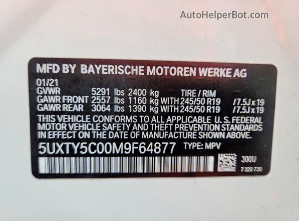 5UXTY5C00M9F64877 2021 BMW X3 Белый Панорамный вид салона 360°