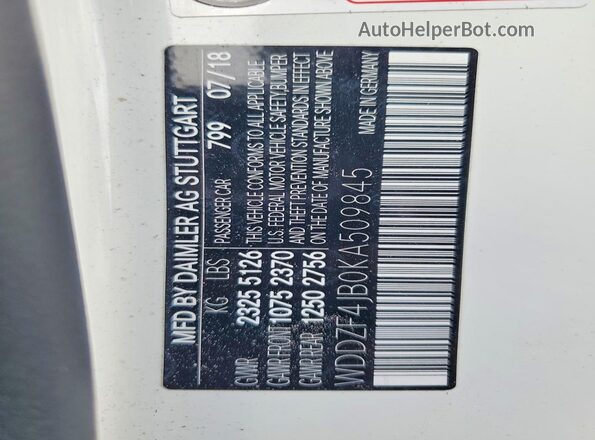 WDDZF4JB0KA509845 2019 MERCEDES-BENZ E White Widok naklejki z numerem VIN