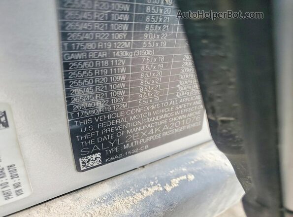 SALYL2EX4KA201076 2019 LAND ROVER RANGE Серебряный 