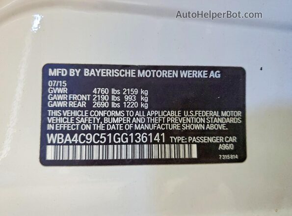 WBA4C9C51GG136141 2016 BMW OTHER Белый Вид наклейки с VIN-кодом