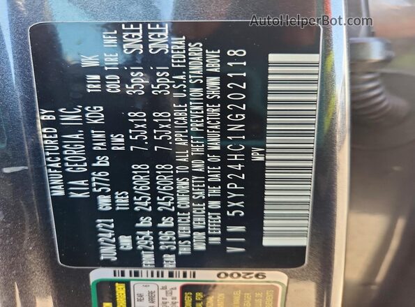 5XYP24HC1NG202118 2022 KIA TELLURIDE Серый Вид наклейки с VIN-кодом