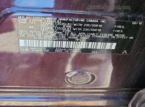 2T3DFREV2JW835393 2018 TOYOTA RAV4 Burgundy Vista interior de 360 grados