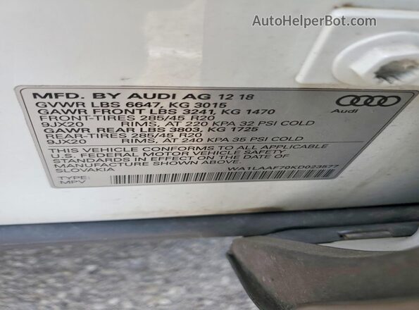 WA1LAAF70KD023577 2019 AUDI Q7 Белый Панорамный вид салона 360°