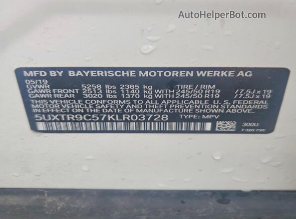 5UXTR9C57KLR03728 2019 BMW X3 White სალონის 360-გრადუსიანი ხედი