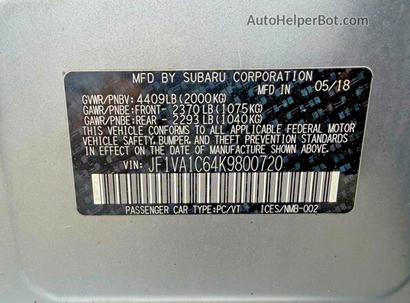 JF1VA1C64K9800720 2019 SUBARU WRX Silver Widok wnętrza z tyłu