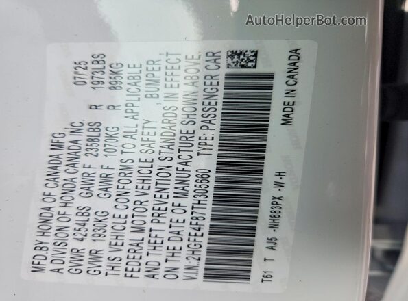 2HGFE4F87TH305660 2026 HONDA CIVIC White სალონის 360-გრადუსიანი ხედი