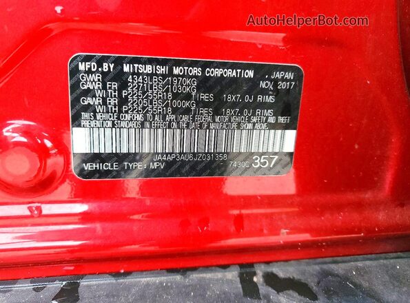 JA4AP3AU6JZ031358 2018 MITSUBISHI OUTLANDER Red Widok naklejki z numerem VIN