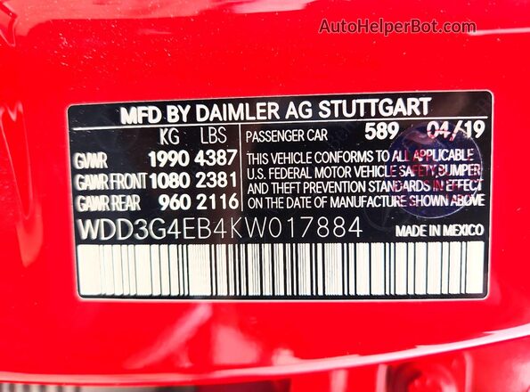 WDD3G4EB4KW017884 2019 MERCEDES-BENZ A Red Vista de la etiqueta del VIN