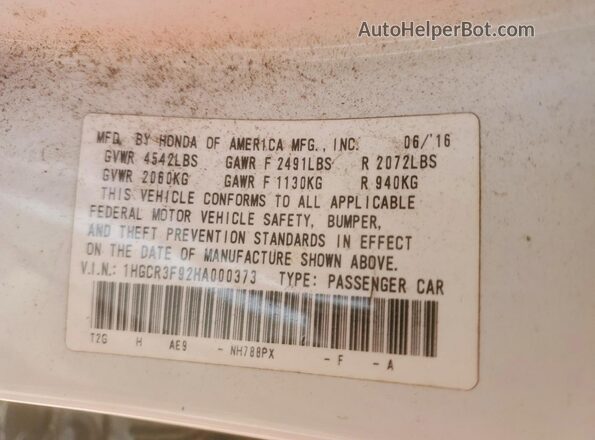 1HGCR3F92HA000373 2017 HONDA ACCORD Белый Вид наклейки с VIN-кодом